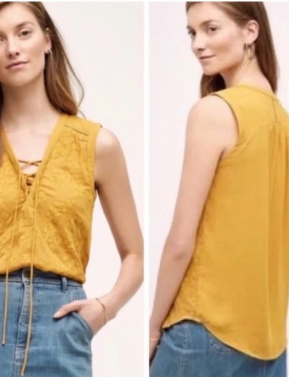 Anthro Maeve Mustard Lace Up Tank Embroidered Sleeveless Top Medium - Picture 2 of 14